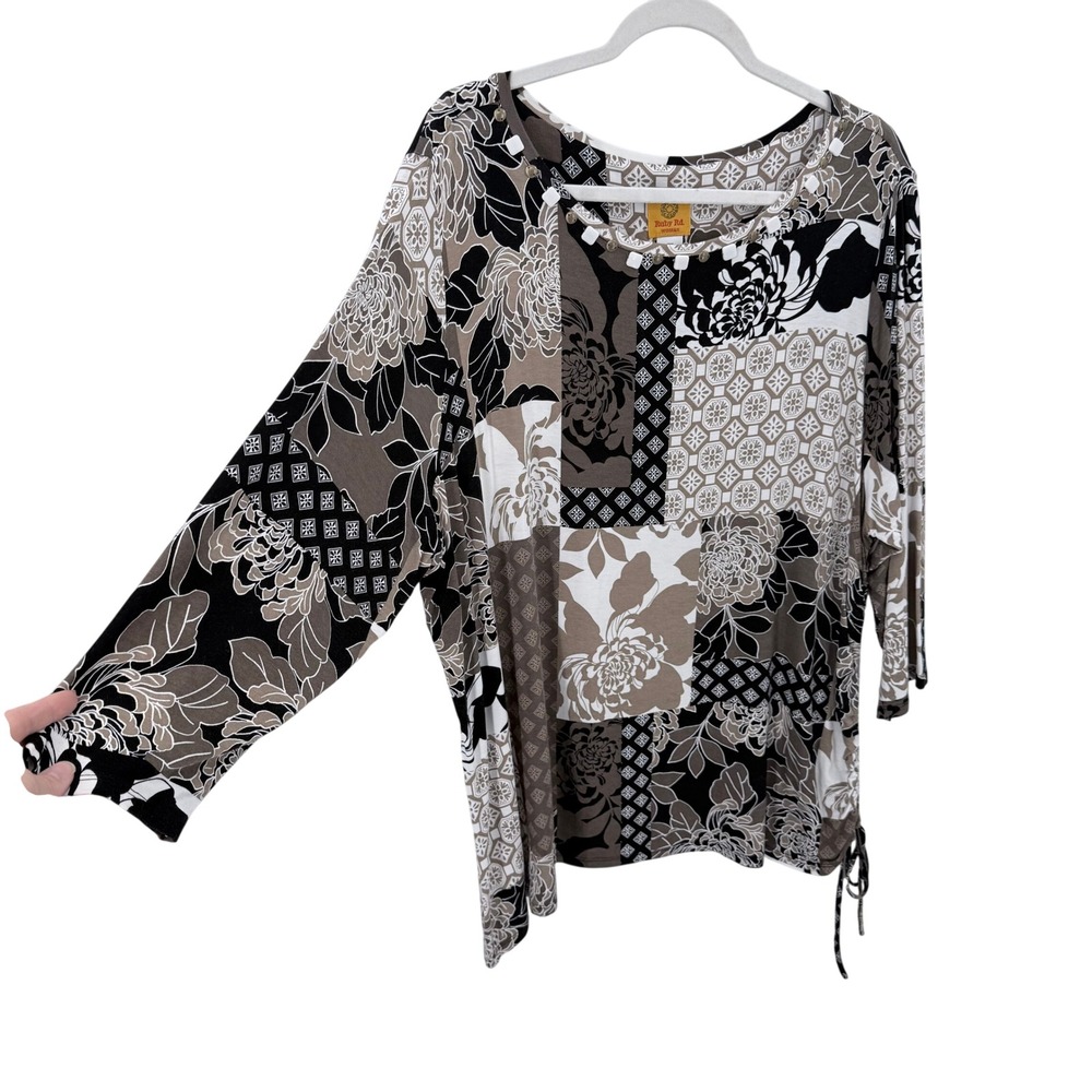 Ruby Rd Plus 2X Patchwork Floral Embellished Side Tie 3/4 Sleeve Top Black Taupe